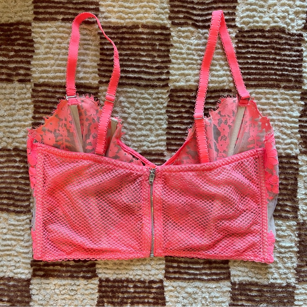 Victoria's Secret VS Neon Pink beige Floral Lace Mesh Bustier Bra Top Lattice - Picture 2 of 3